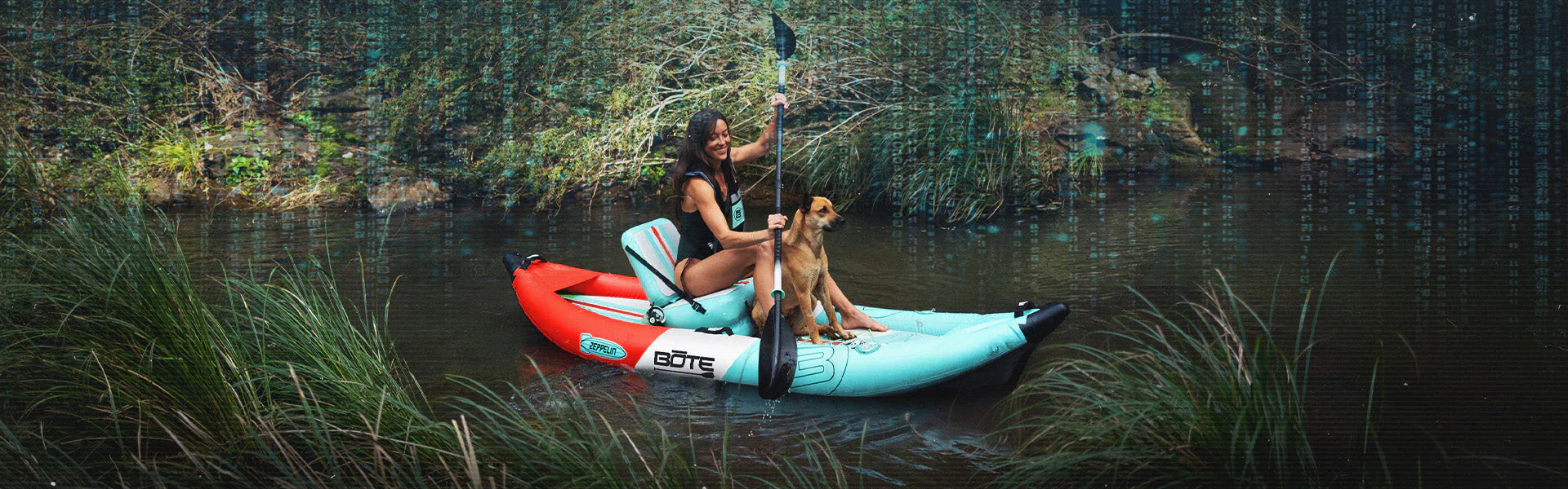 Lady on river using a Bote Zapplin kayak