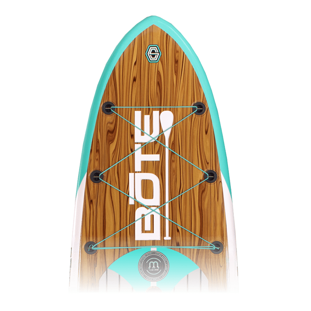 Top view of Flood 10′6″ Classic Cypress Paddle Board with faux wood finish and bungee storage cords.
