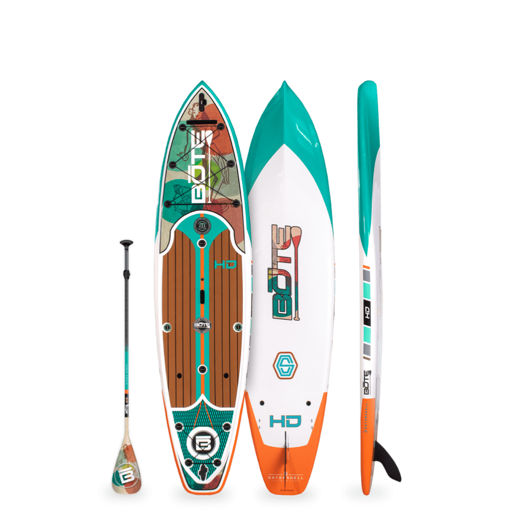 Top view of HD 10'6" Native Aloha Paddle Board with woodgrain deck and teal, white, and orange trim.