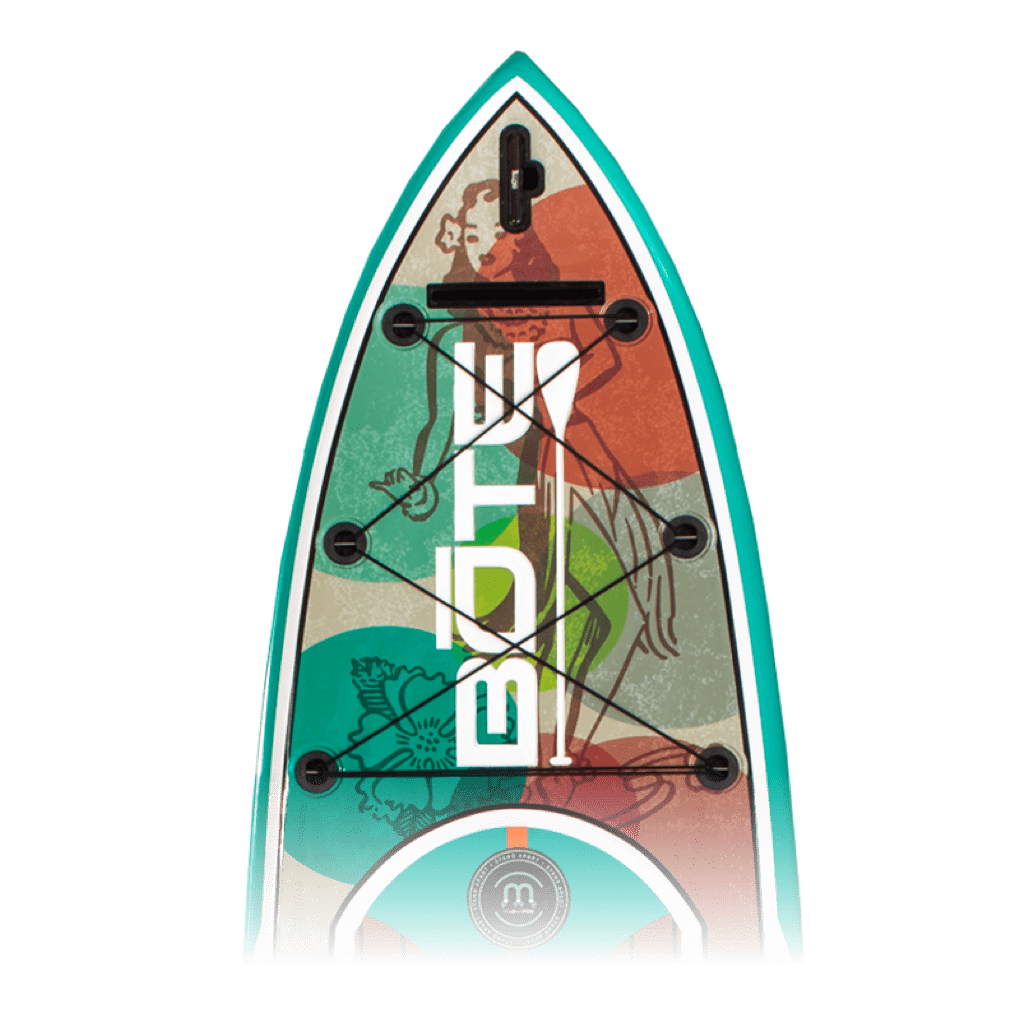 Close-up of front deck on HD 10'6" Native Aloha Paddle Board showing island-inspired graphic and bungees.