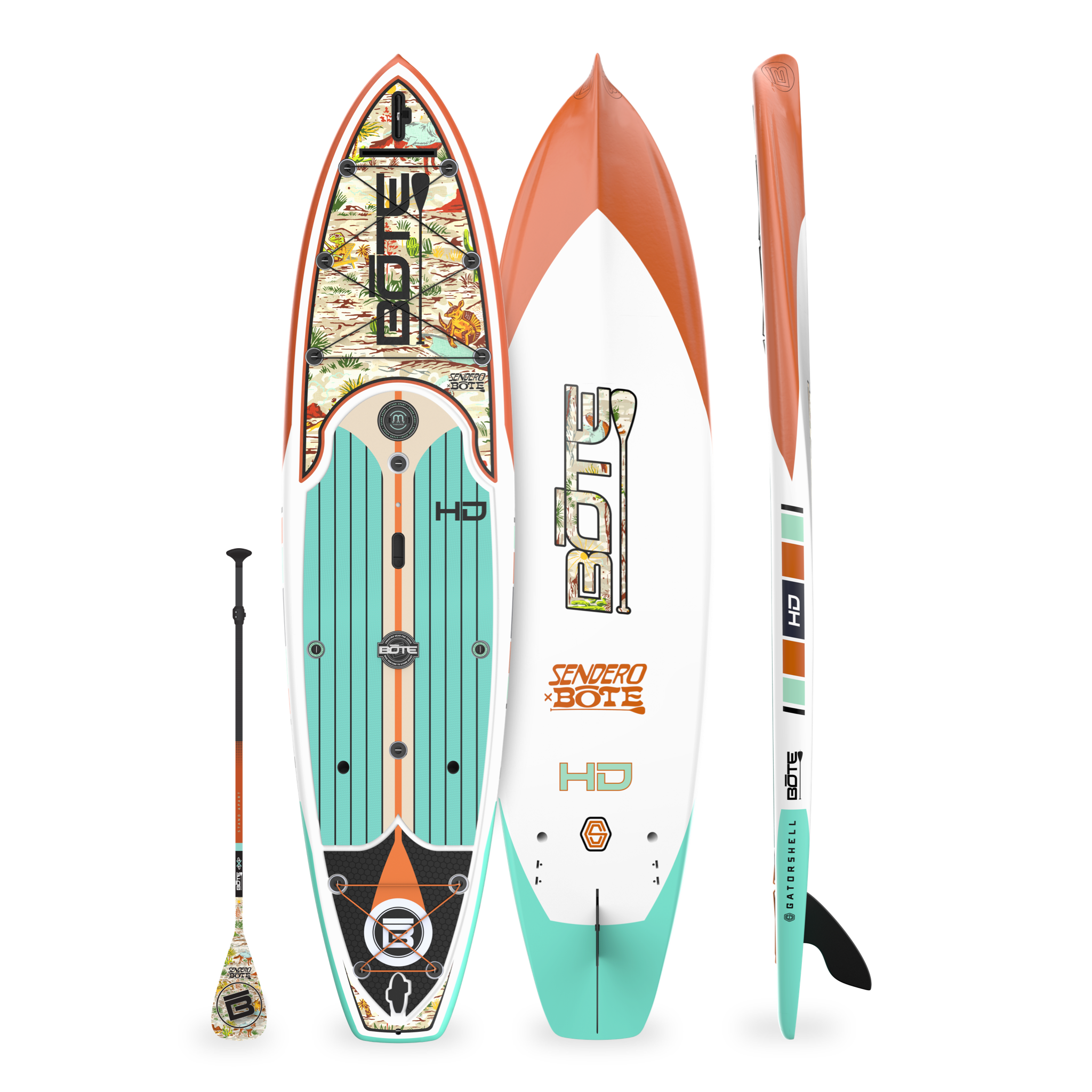 Top, side, and bottom view of the HD 10′6″ Native Sendero Paddle Board