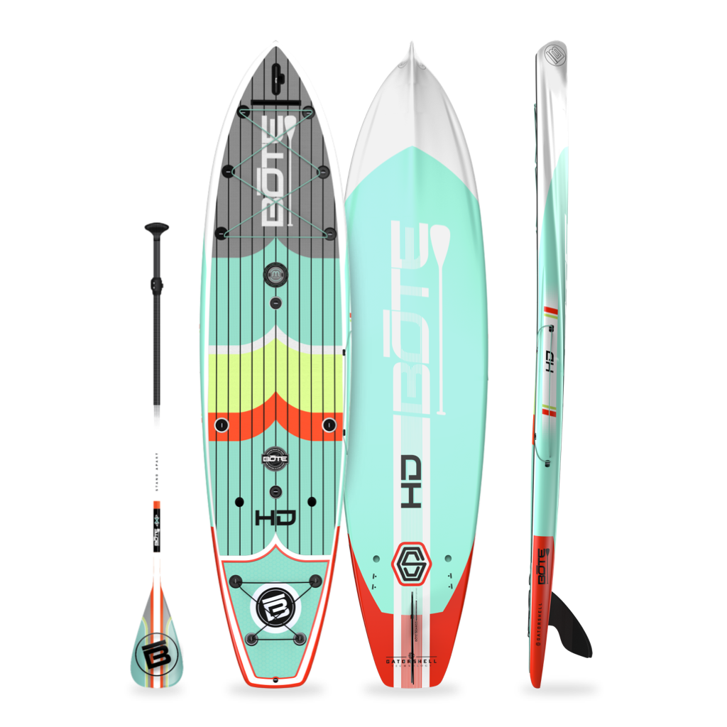 Front and back view of Full Trax paddle board with paddle.