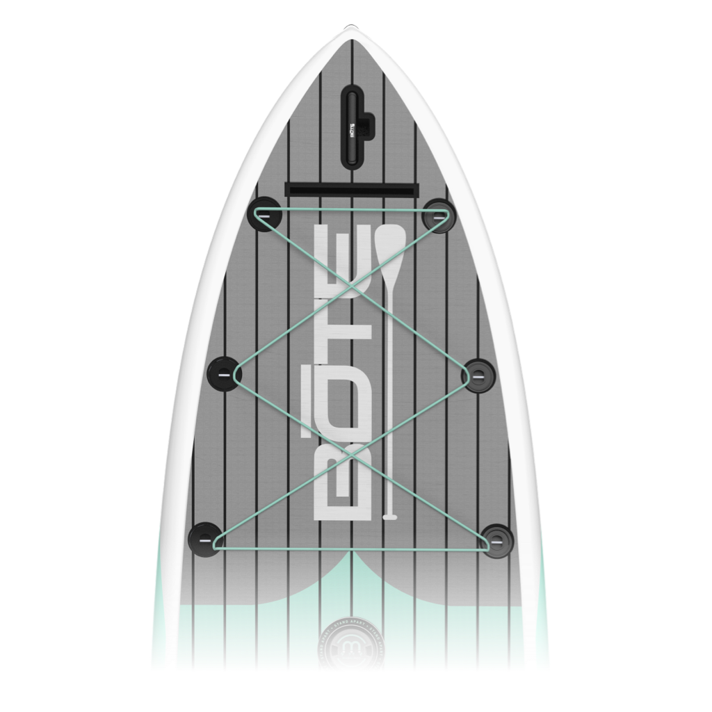 Top view of HD 10′6″ Full Trax Lime board with striped deck and front bungees.