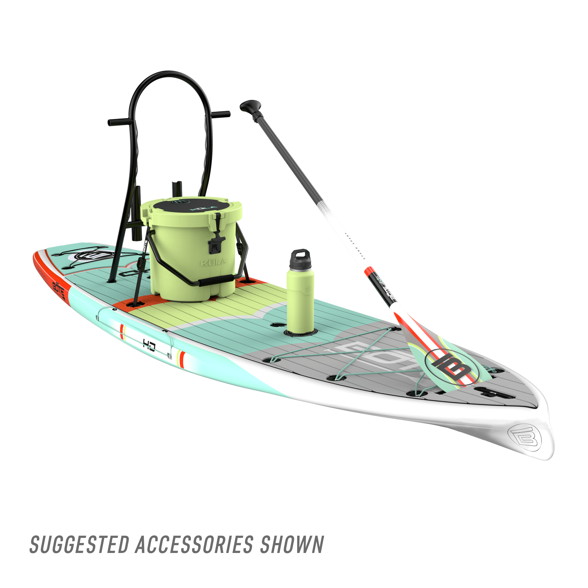 Angled view of HD 10′6″ Full Trax Lime board with paddle, cooler, rack, and bottle.