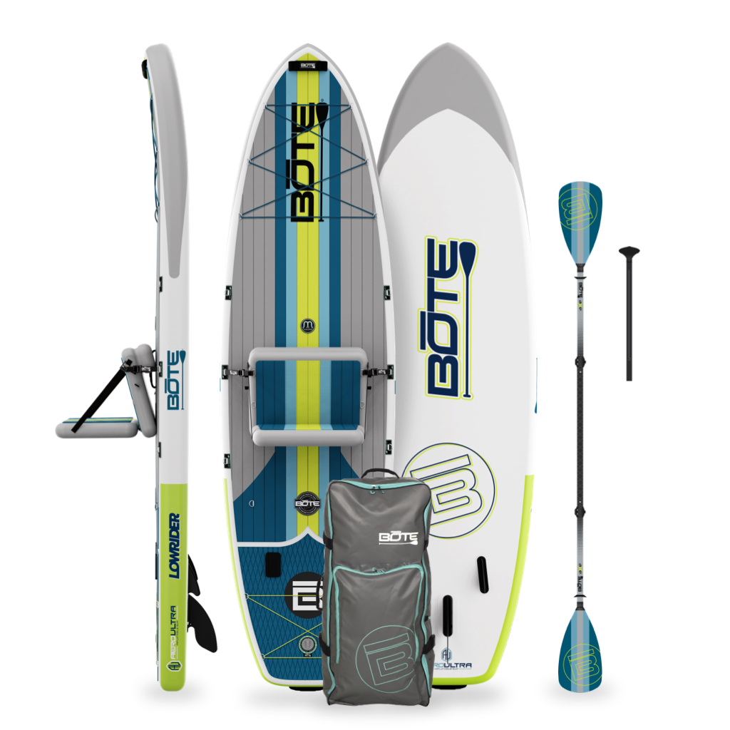 Full LowRider Aero 10'6" package with paddle board, seat, bag, and paddle in upright layout.