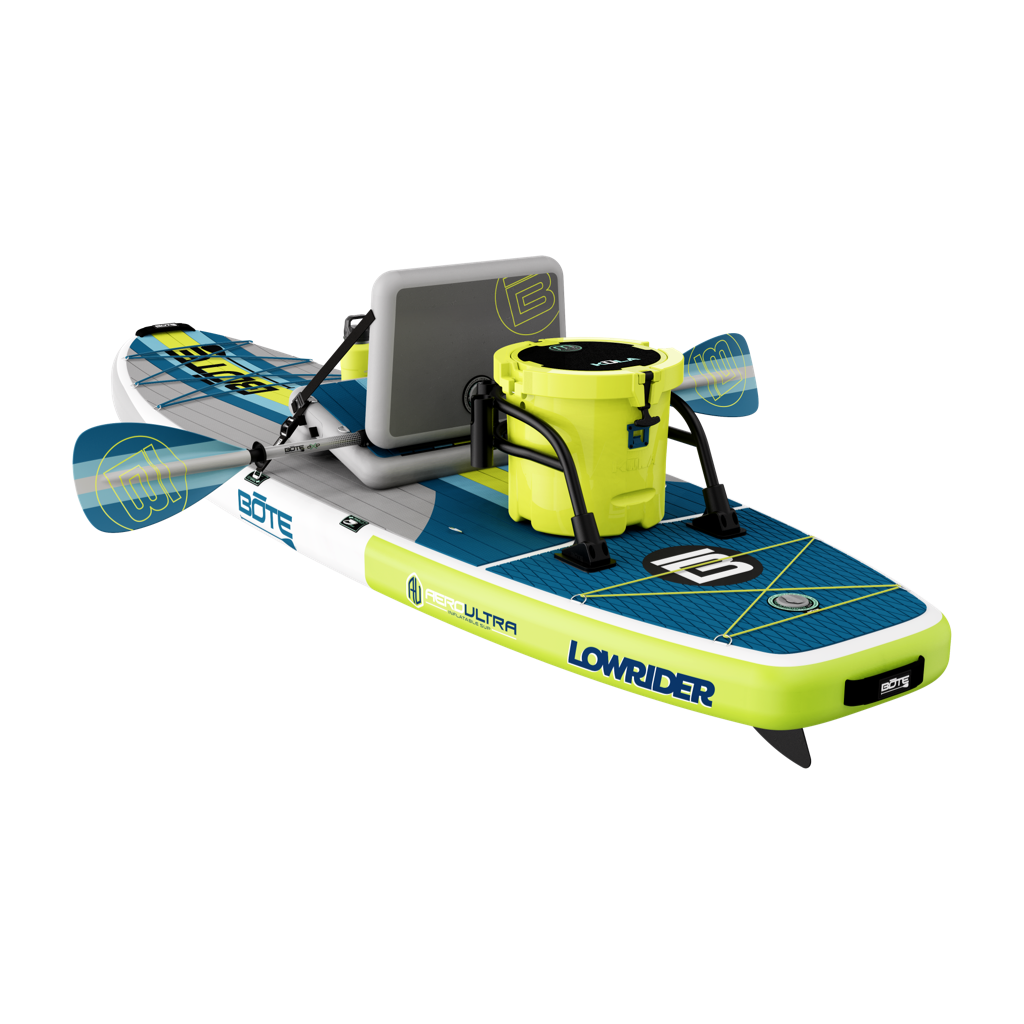 Rear angled view of LowRider Aero 10'6" with seat, paddles, and lime green cooler.