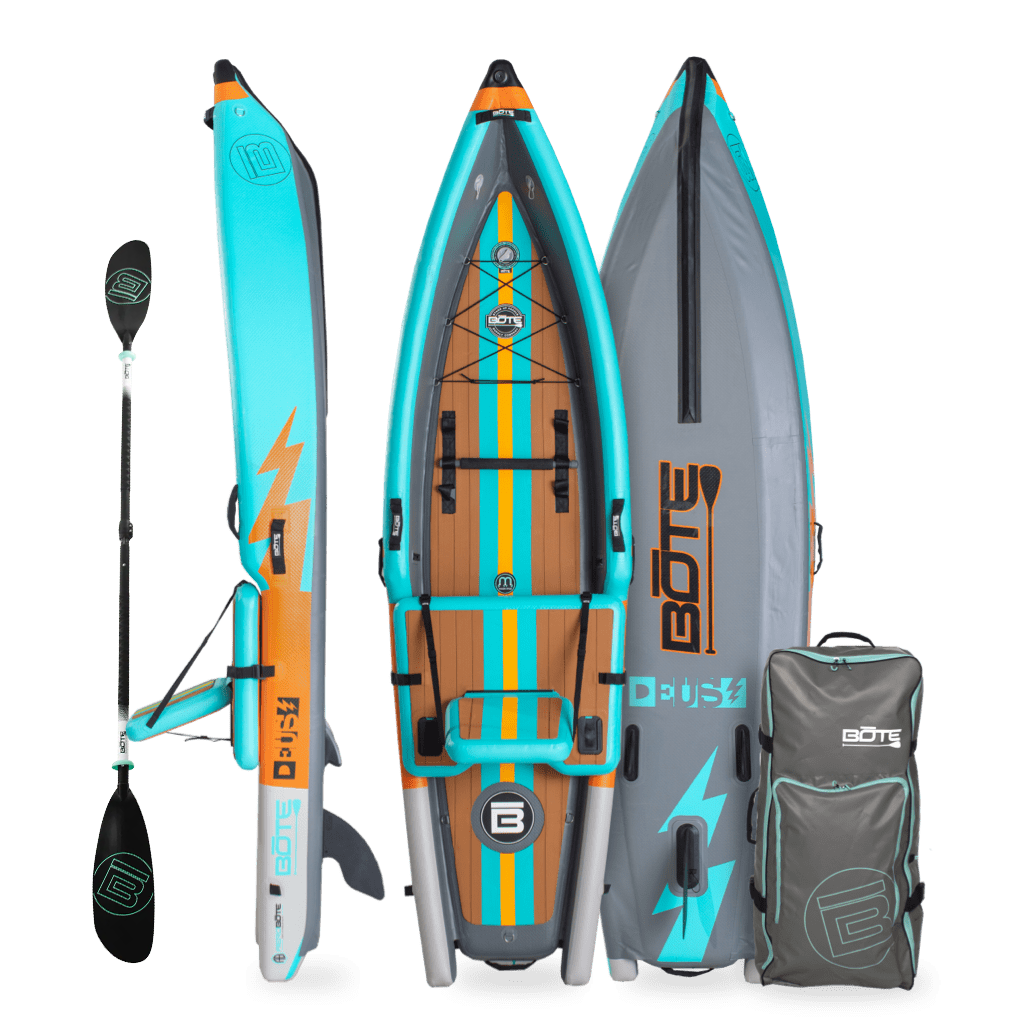 Front, side, back view of the Deus Aero inflatable kayak in Native Aqua with paddle and bag