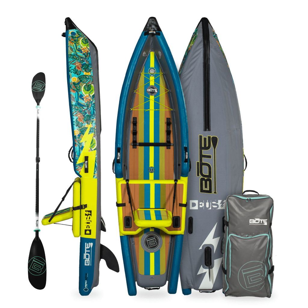Front, side, back view of the Deus Aero inflatable kayak in Native Bombardier with paddle and bag.