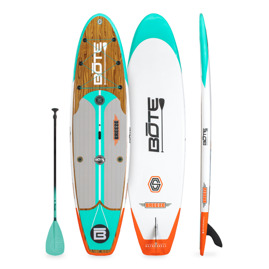 Top, side, and bottom view of the Breeze 11′6″ Classic Cypress Paddle Board