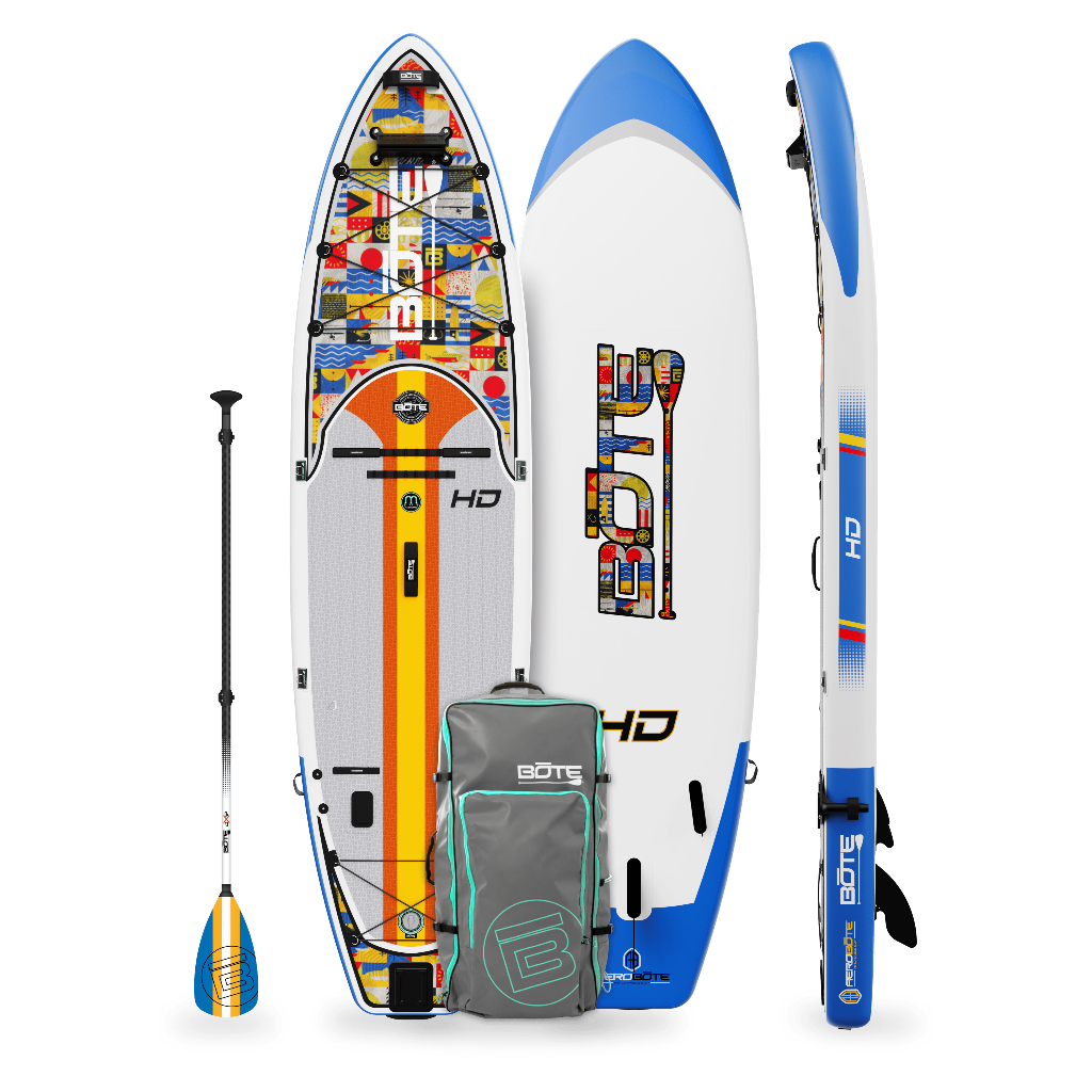 Top, side and bottom view of the HD Aero 11′6″ Fischer Topwater Inflatable Paddle Board with paddle and bag