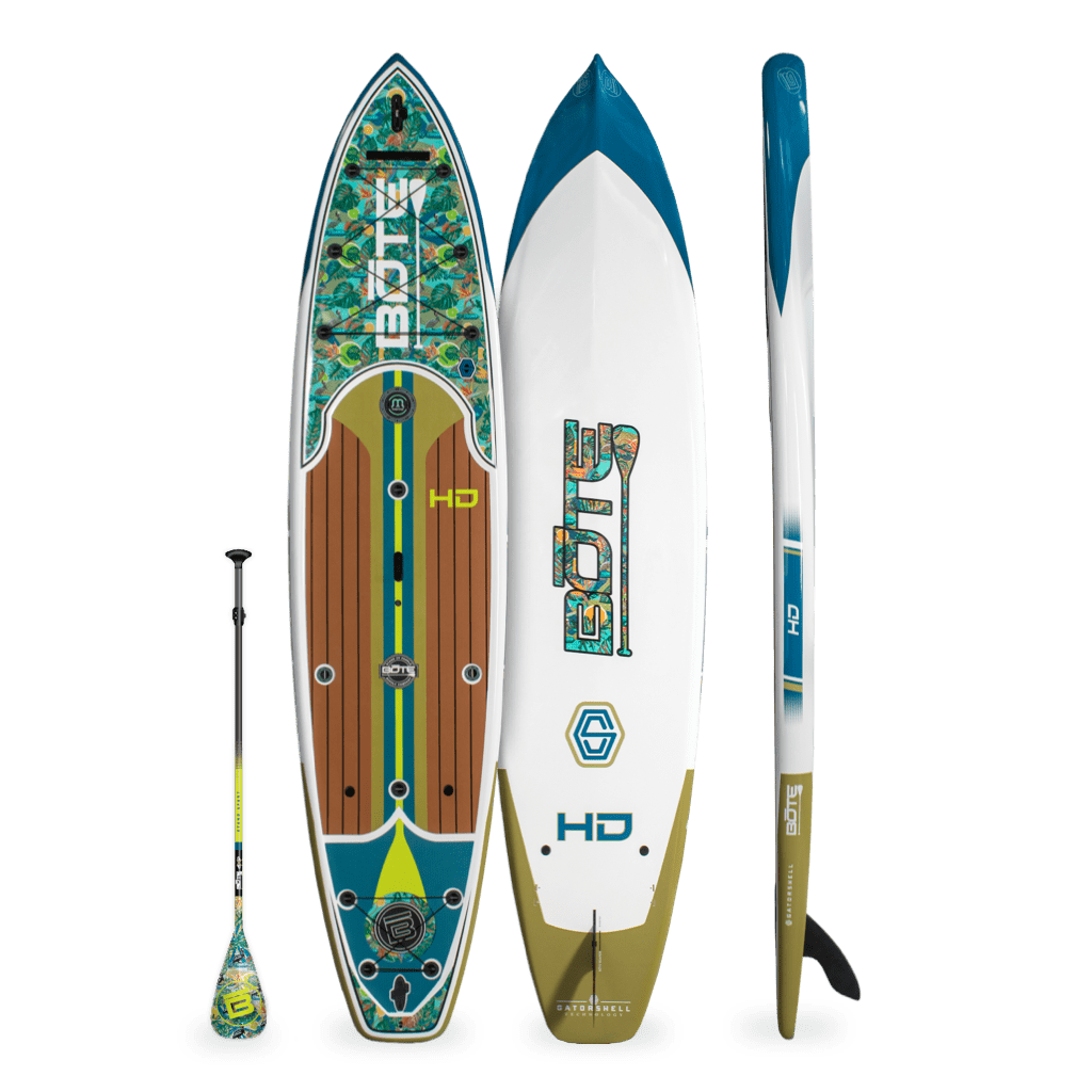 HD 12' Native Bombardier paddle board with paddle, shown from top, bottom, and side angles.