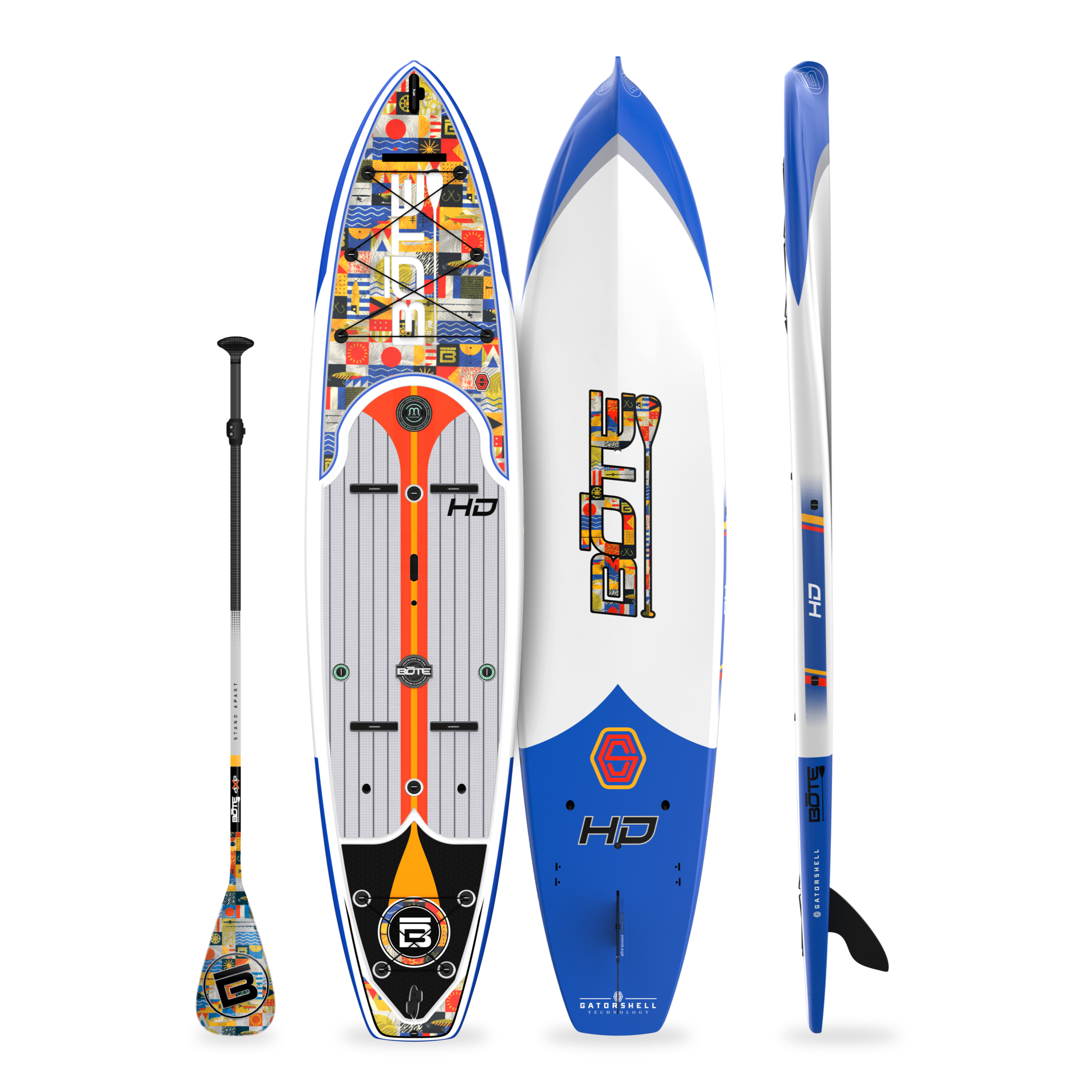 Top, bottom, and side view of the HD 12′ Fischer Topwater Paddle Board with paddle