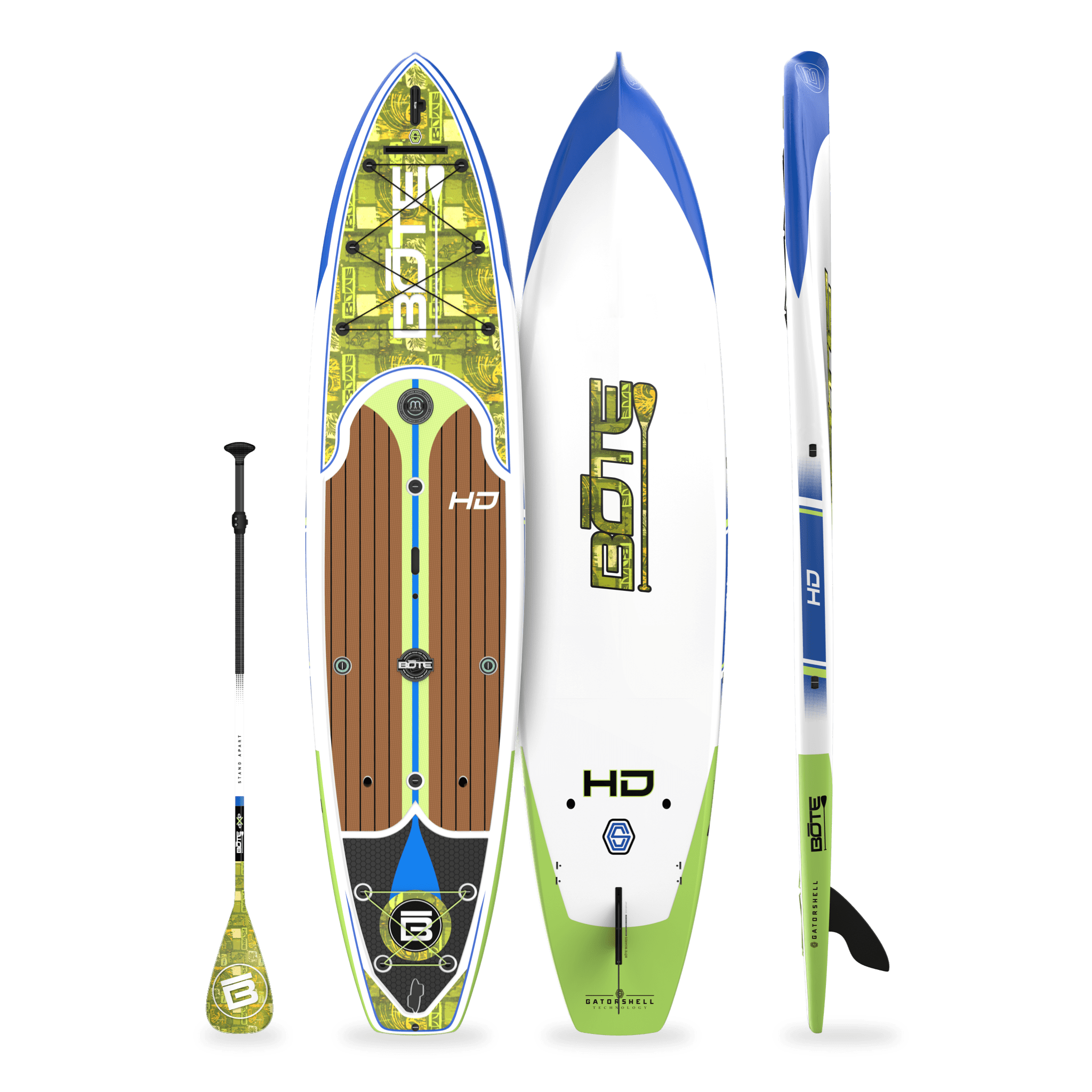 Top, side and bottom view of the HD 12′ Native Nalu Paddle Board with paddle
