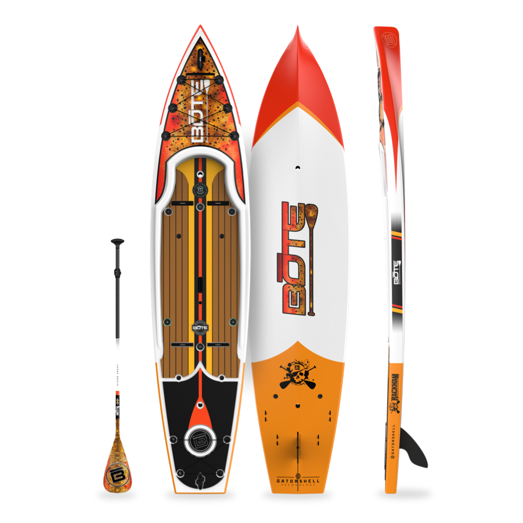 Top, side, and bottom view of the Rackham 12′ Fischer Cutthroat Paddle Board with paddle
