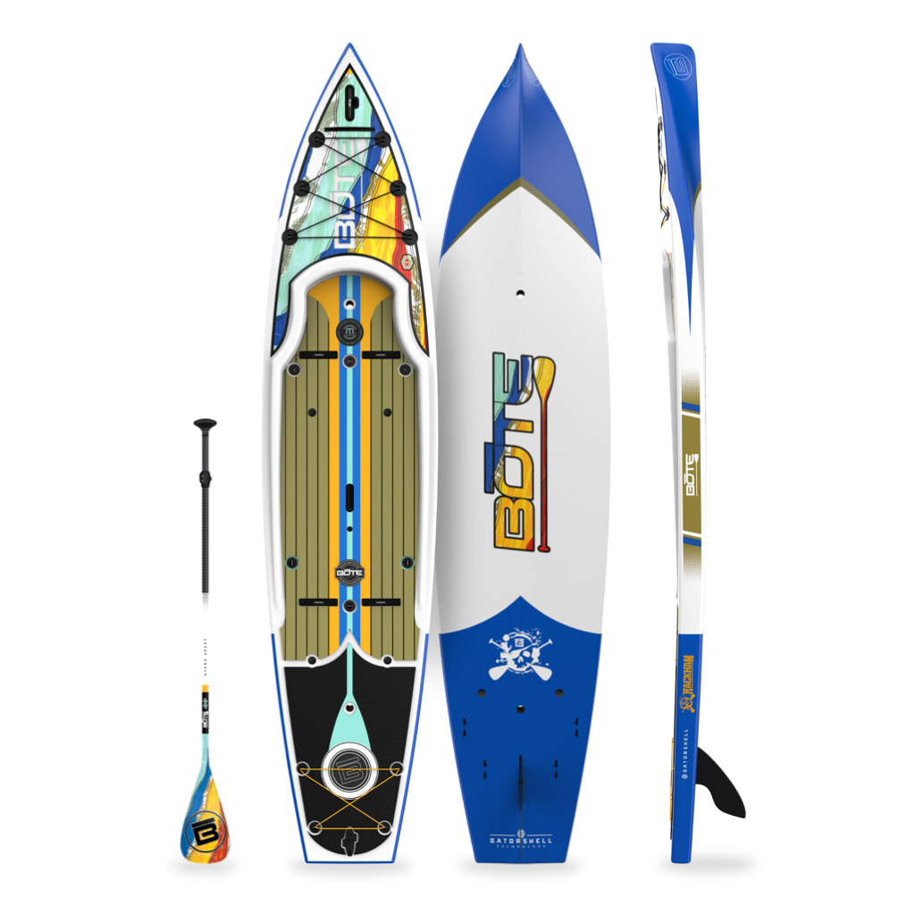 Top, side, and bottom view of the Rackham 12′ Native Fusion Paddle Board with paddle