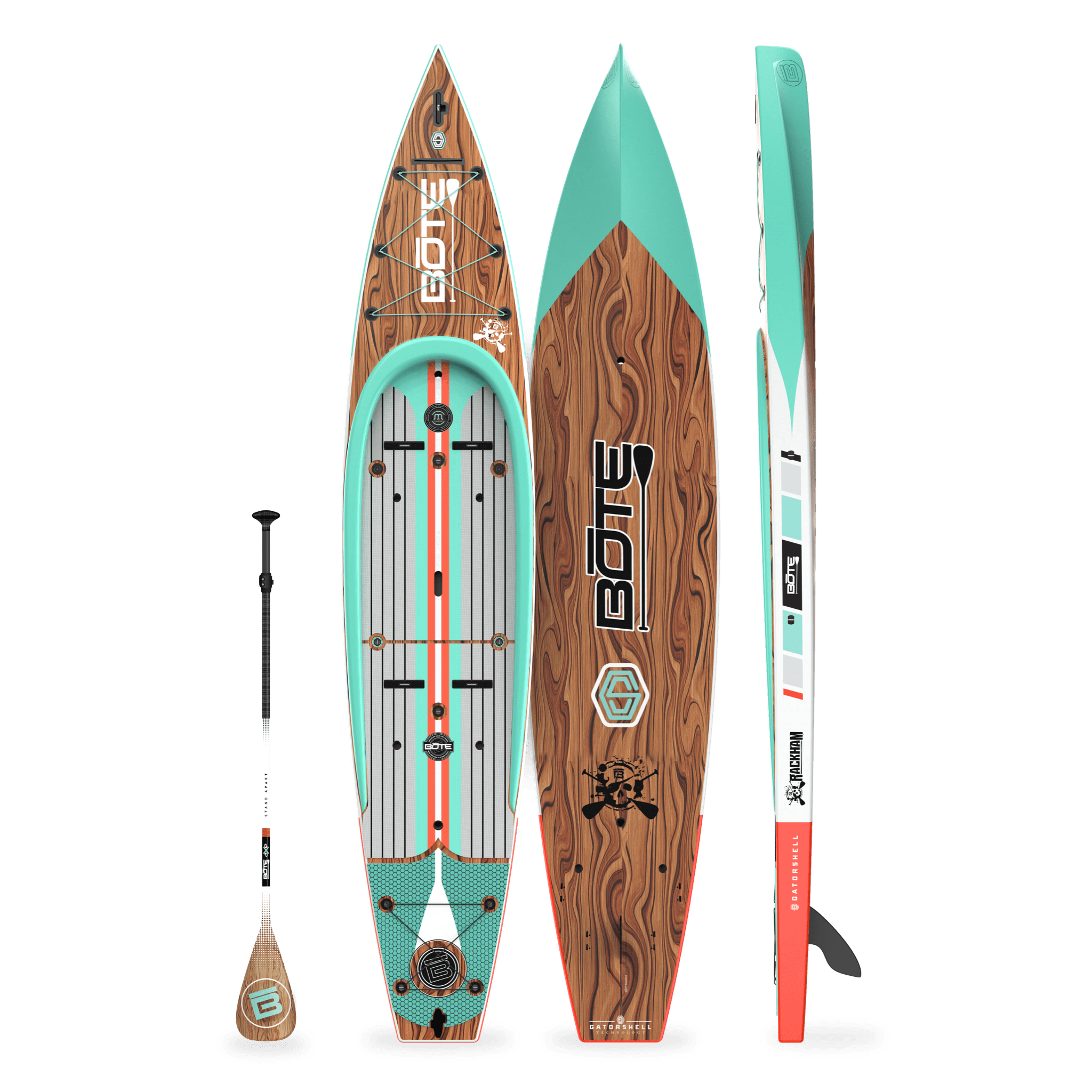 Top, side, and bottom view of the Rackham 14′ Classic Mangrove Paddle Board with paddle
