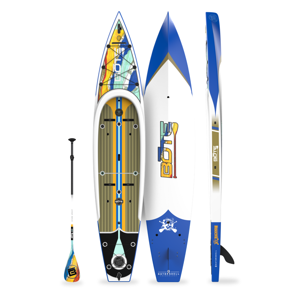 Top, side, and bottom view of the Rackham 14′ Native Fusion Paddle Board with paddle