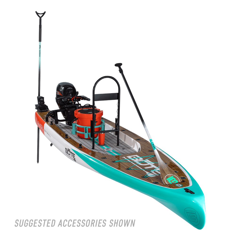 Angled front view of outfitted Rover 14' Classic Cypress Micro Skiff with paddle and gear shown.