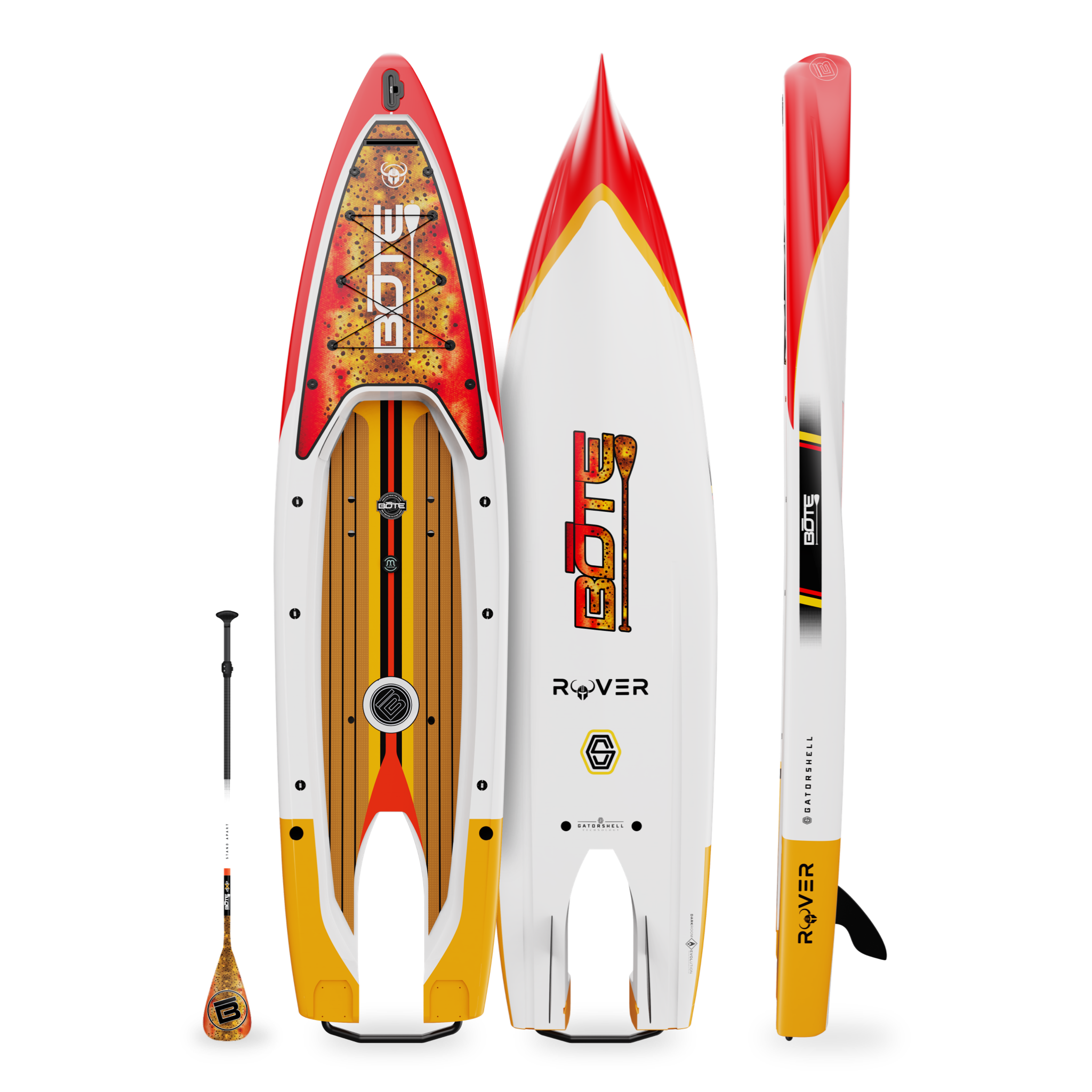 Top, side, and bottom view of the Rover 14′ Fischer Cutthroat Micro Skiff with paddle