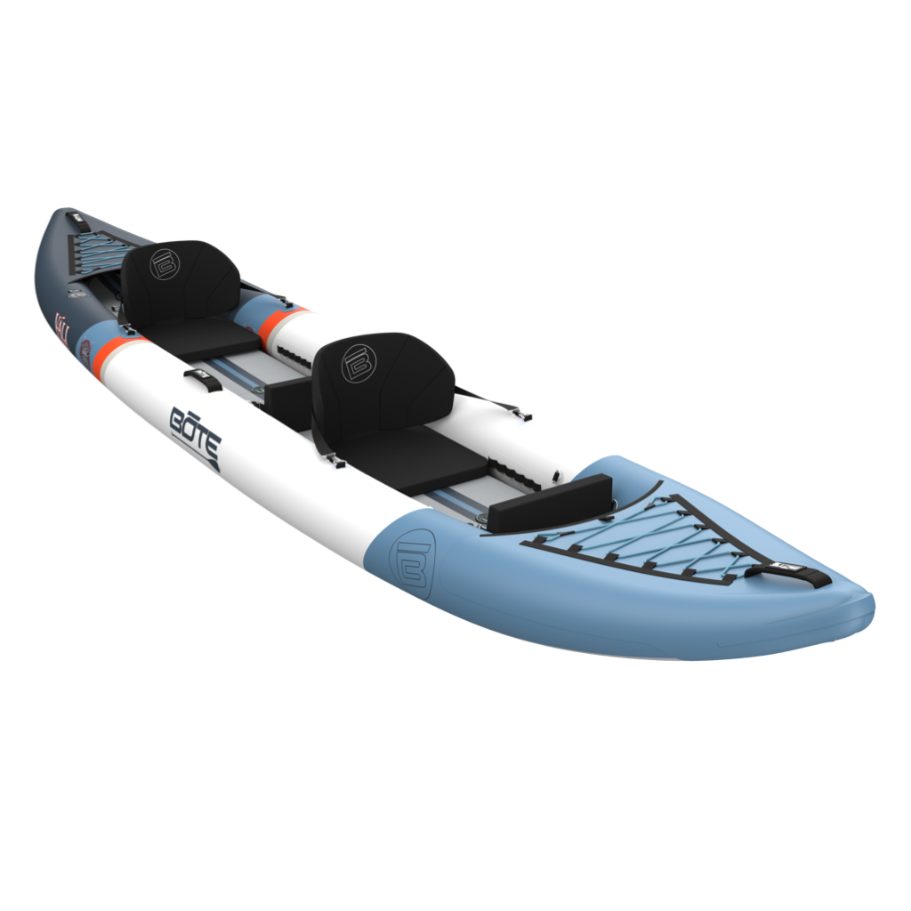 Angled front view of blue and white Vali Aero kayak with seats.