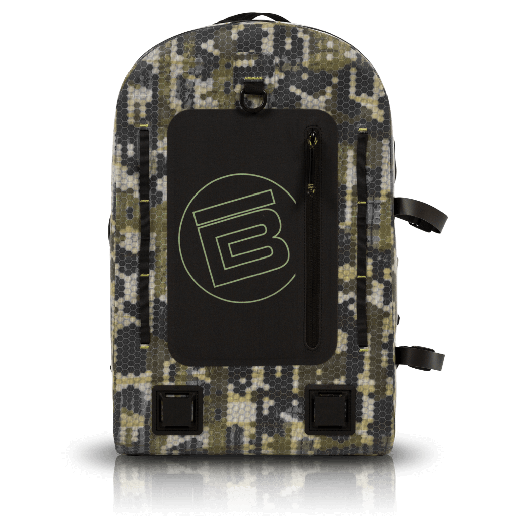 Front of the Verge Camo Highwater Backpack with circle B accent