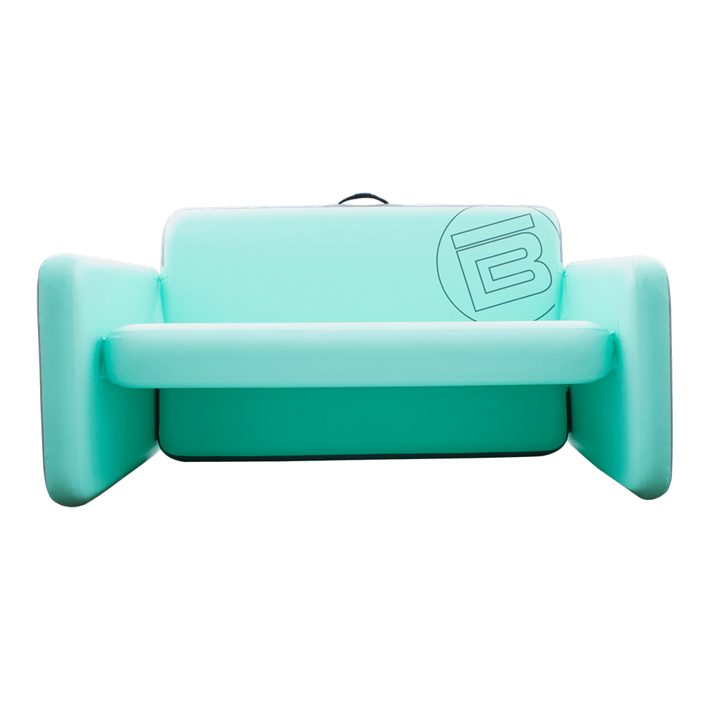 Front view of the Aero Couch in seafoam with circle B logo on the back