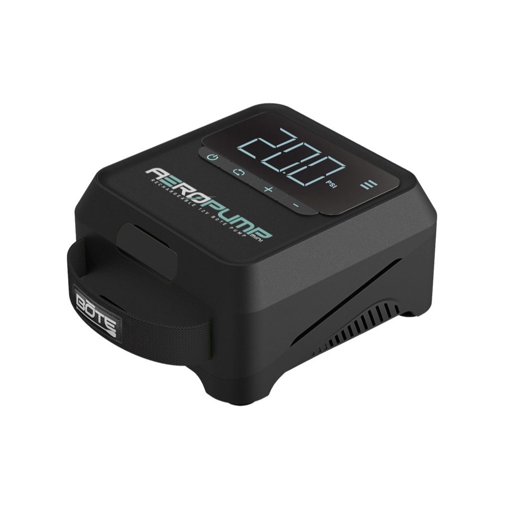 Angled view of AeroPump Mini Rechargeable 12V Pump with digital display and carry handle.