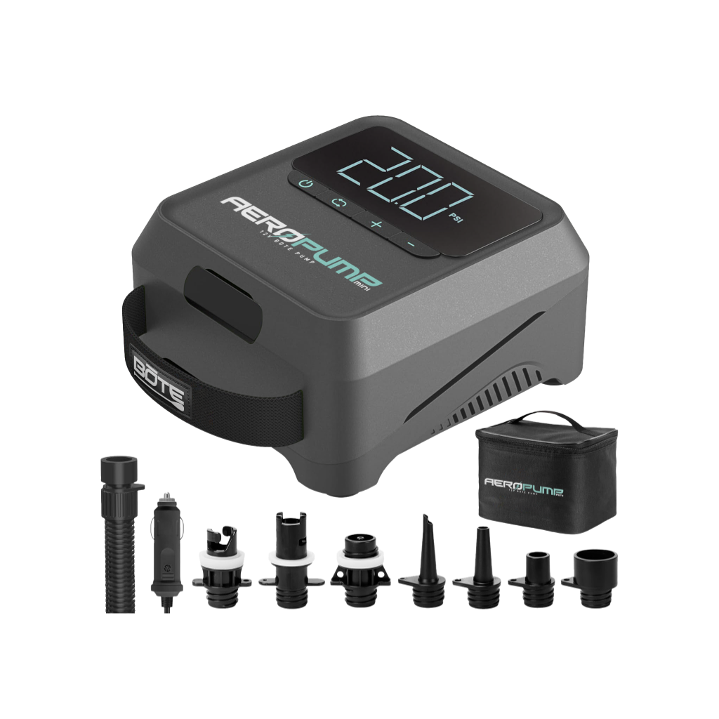 AeroPump Mini 12 Volt Pump with hose, nozzles, and storage case shown.