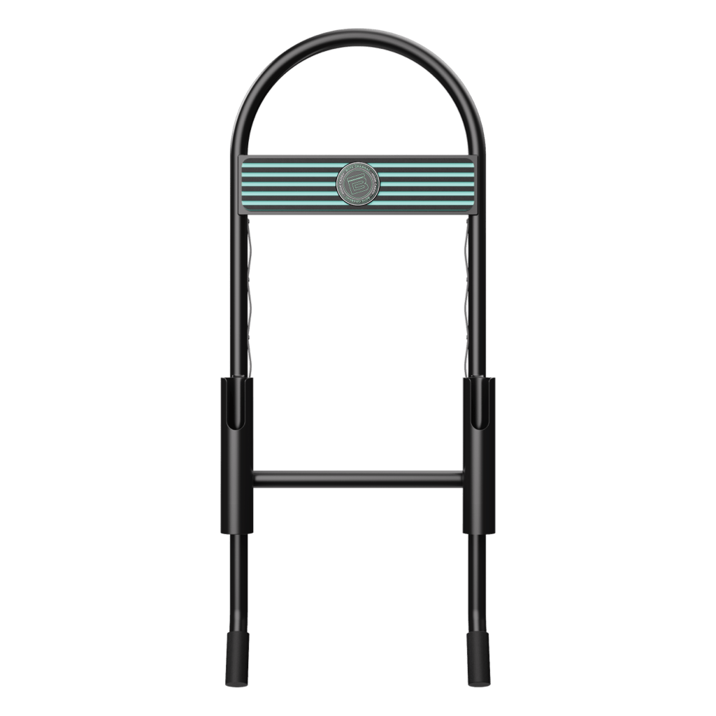 Front view of Grab Rac Black with teal-striped panel and curved handlebar design.
