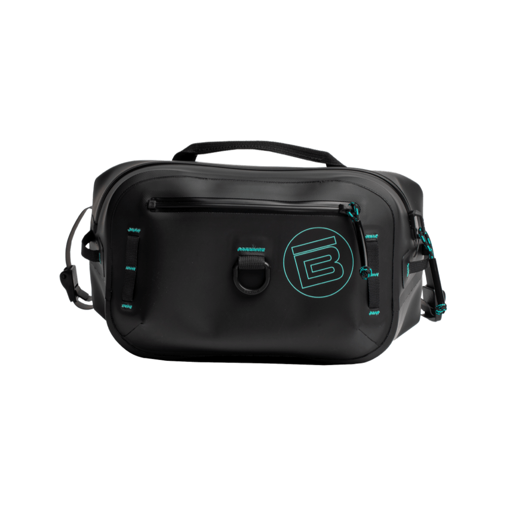Front view of black Highwater Belt Pack showing teal logo, zip pocket, and D-ring attachment.