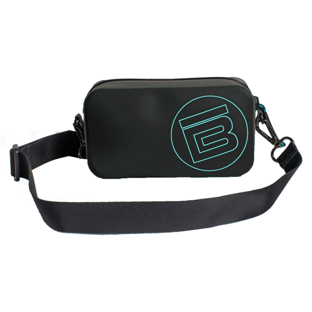 Front view of Highwater Hitchhiker Black with teal logo and black strap.