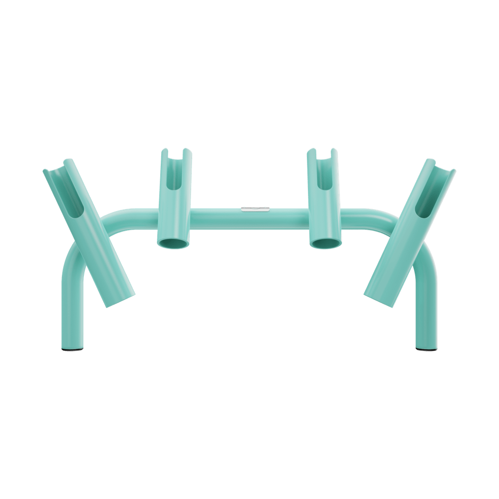 Front view of Rocket Rac Seafoam rod holder showing four angled rod tubes.
