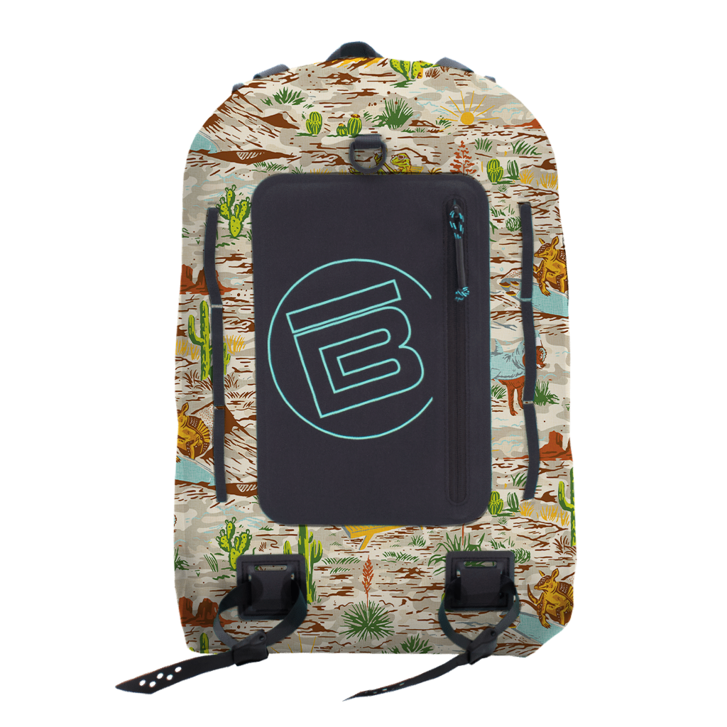 Front view of Highwater Backpack Native Sendero with black front pocket and desert print.
