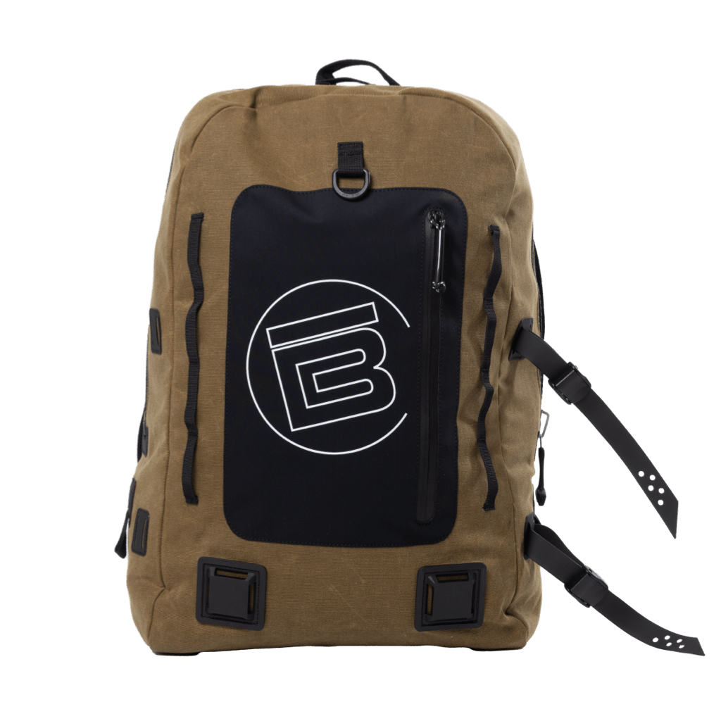 Front view of Highwater Backpack Last Cowboy with black logo panel and zipper pocket.