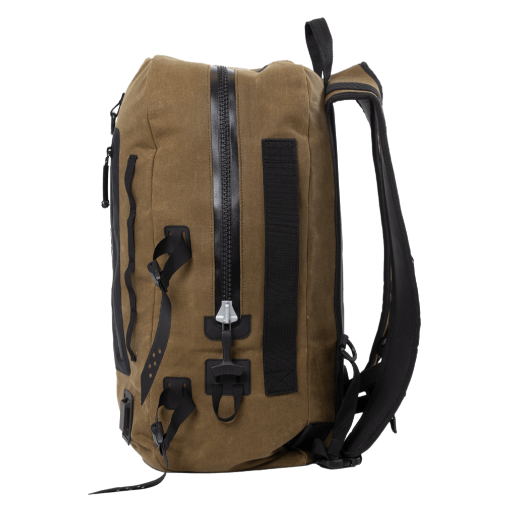 Side view of Highwater Backpack Last Cowboy with zipper, straps, and attachment points.