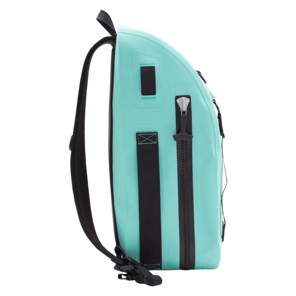 Side view showing zippered pocket and black gear straps on the Highwater Slingpack Seafoam.