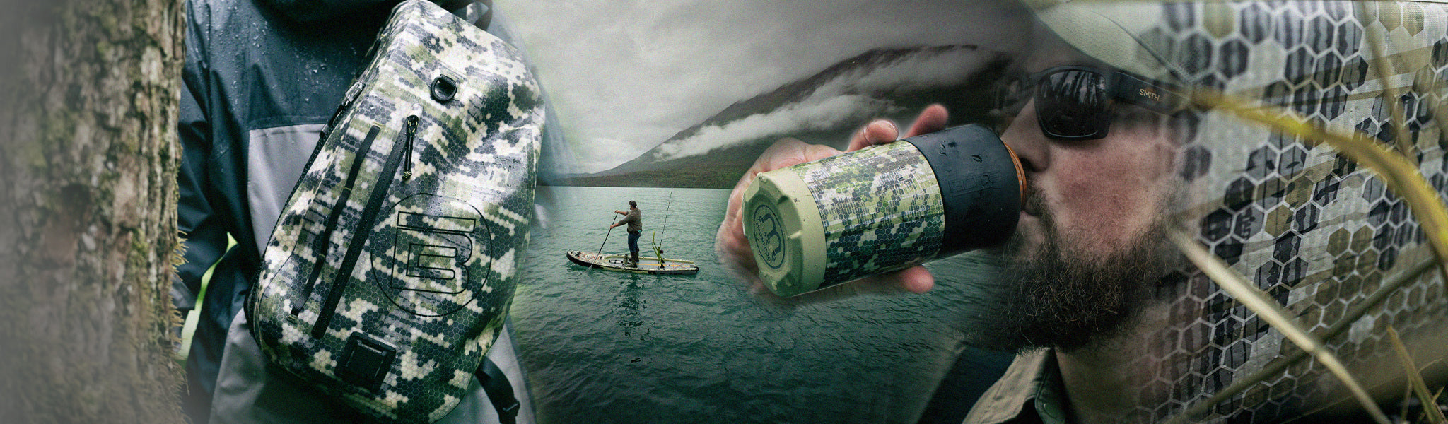 Collage showing camo backpack, drinkware, and man paddle boarding on lake.