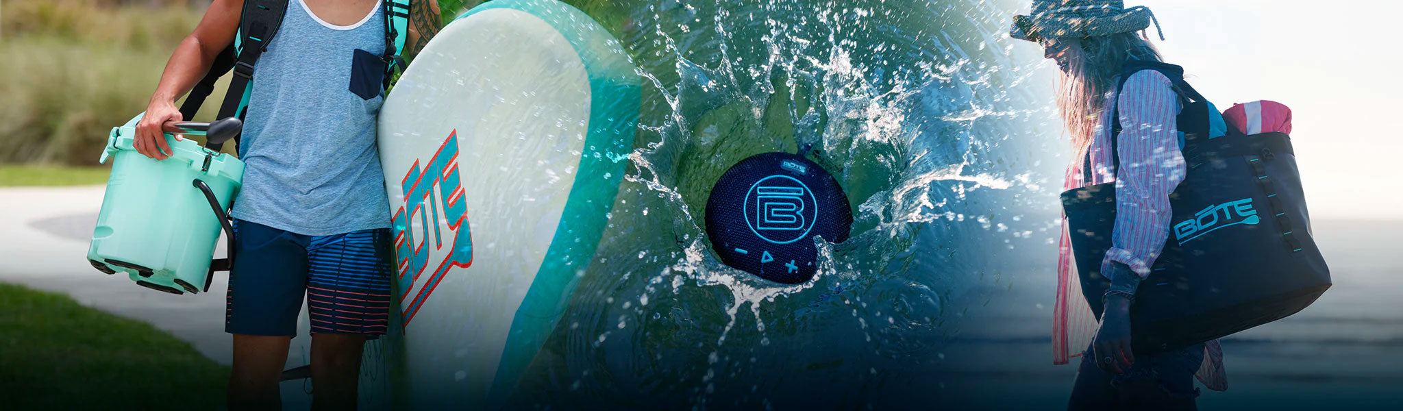 Split image showing people carrying gear, a speaker splash, and woman with a beach tote.