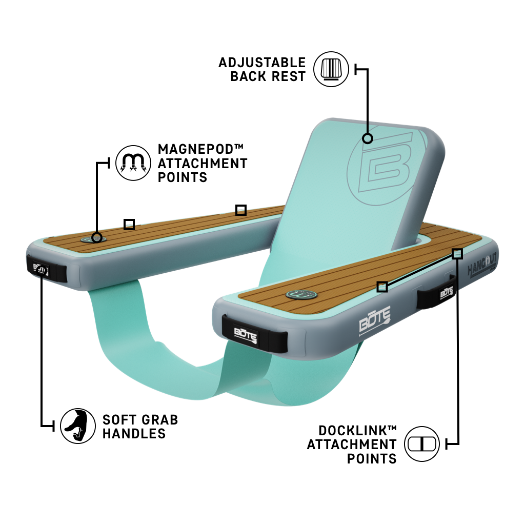 Angled view of a turquoise Hangout Chair showing labeled features and wood-style armrests.