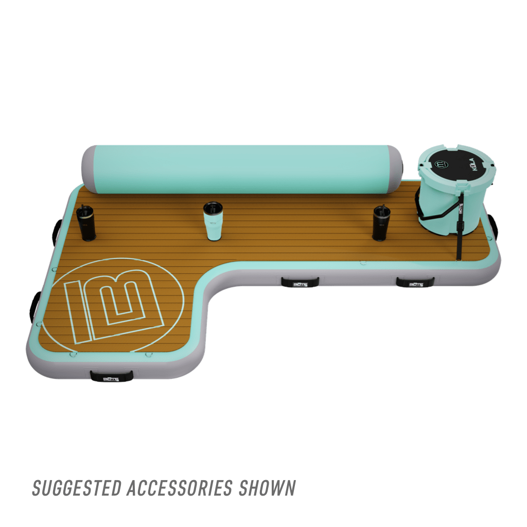 Top angled view of the Inflatable Dock Hangout Couch [Port] Classic with drinkware and cooler