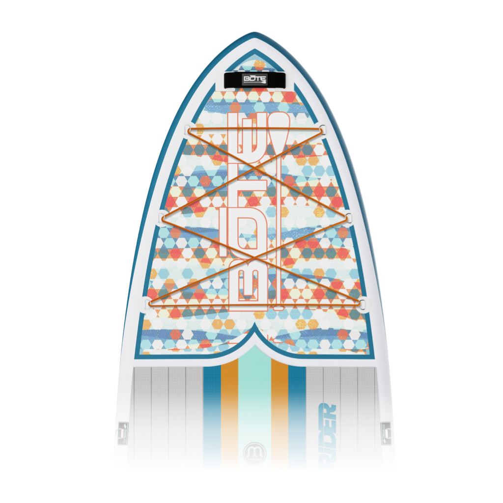 Top view of EasyRider Aero 10'4" Native Tides board with colorful triangle pattern.