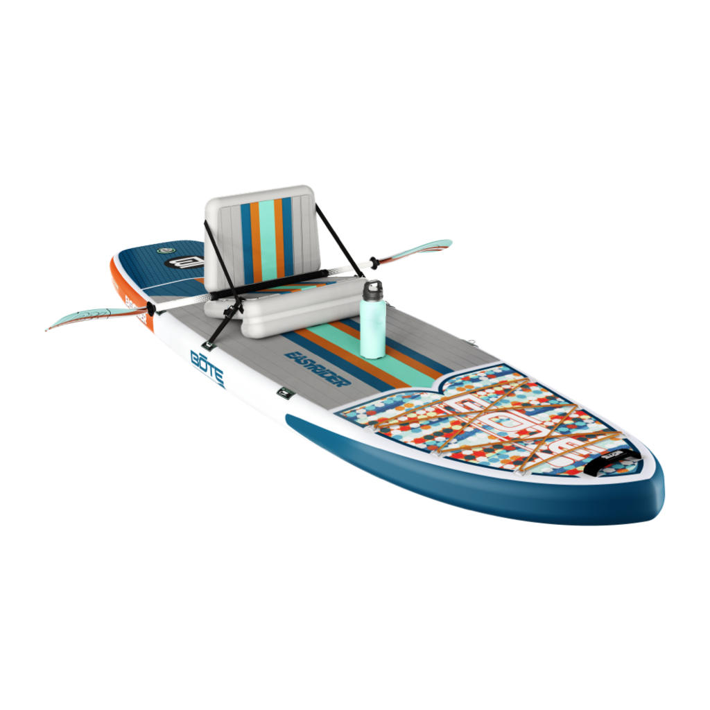 EasyRider Aero 10'4" shown in rowing setup with striped seat and dual oars.