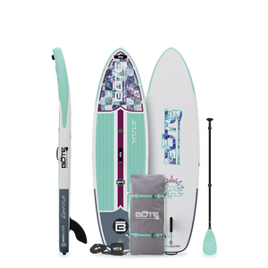 Top, side and bottom view of the WULF Aero Native Glacier Inflatable paddle board with bag, leash and paddle