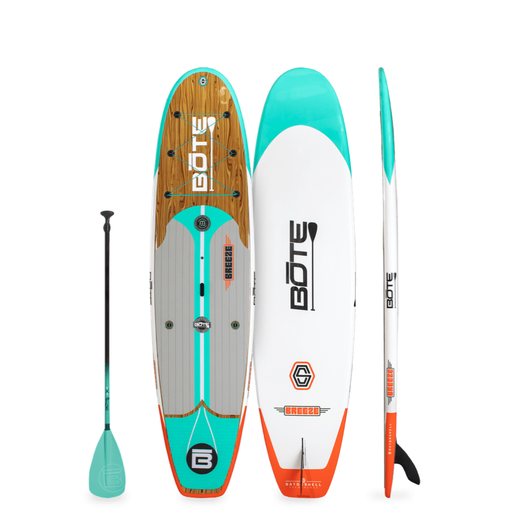 Top, side, and bottom view of the Breeze 10′6″ Classic Cypress Paddle Board