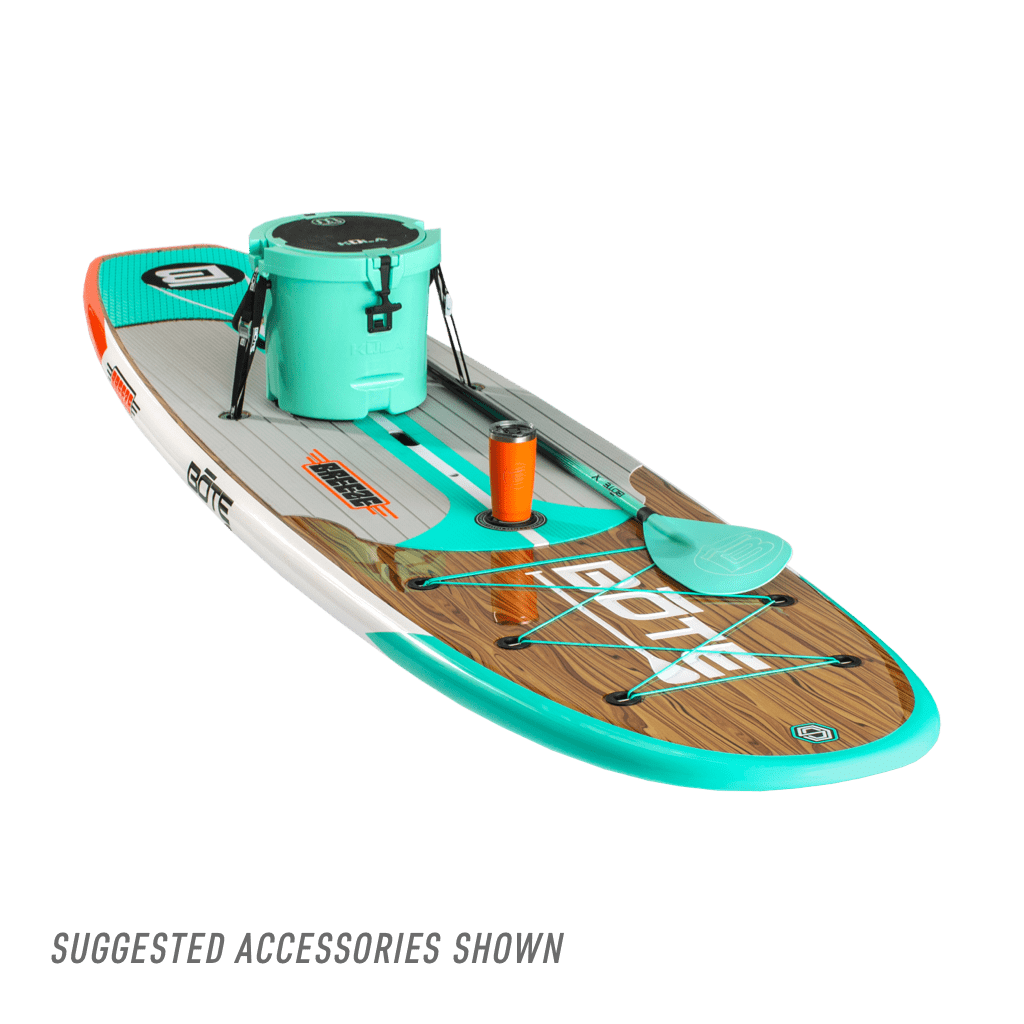 Front view of the Breeze 10′6″ Classic Cypress Paddle Board with accessories
