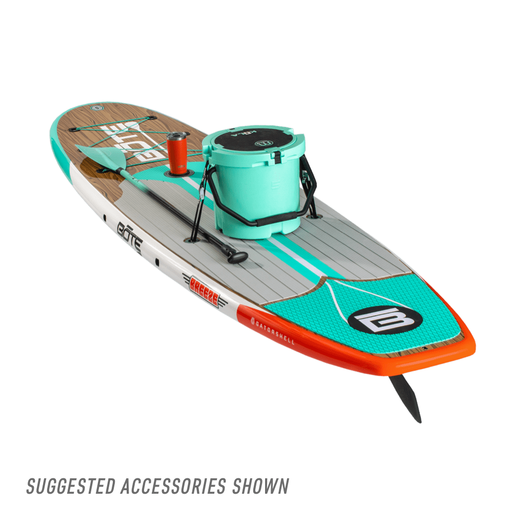 Rear view of the Breeze 10′6″ Classic Cypress Paddle Board with accessories