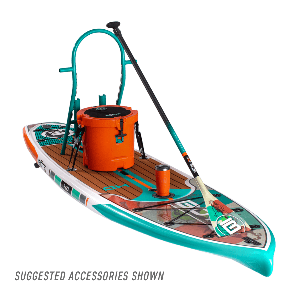Angled front view of HD 10'6" Native Aloha Paddle Board with accessories including bucket and paddle.