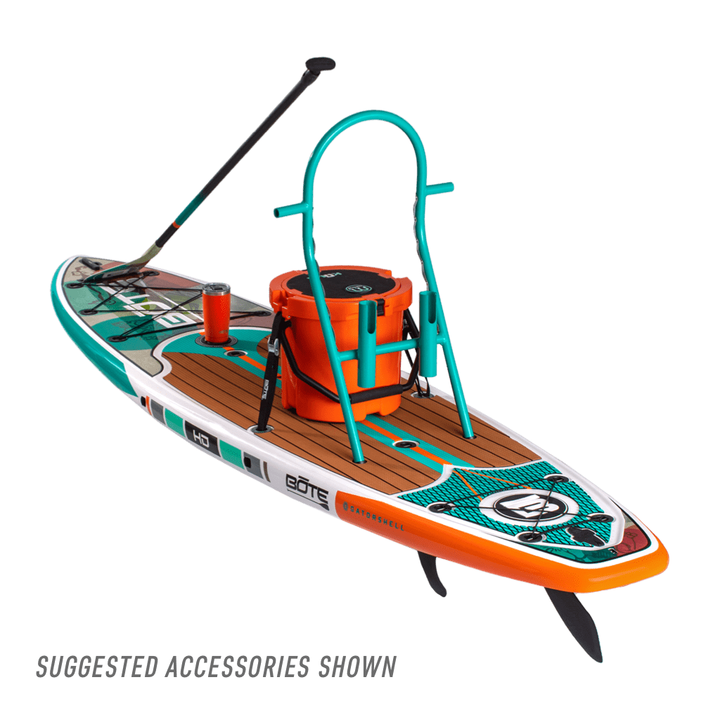 Rear angled view of HD 10'6" Native Aloha Paddle Board showing fins, rack, bucket, and drinkware setup.