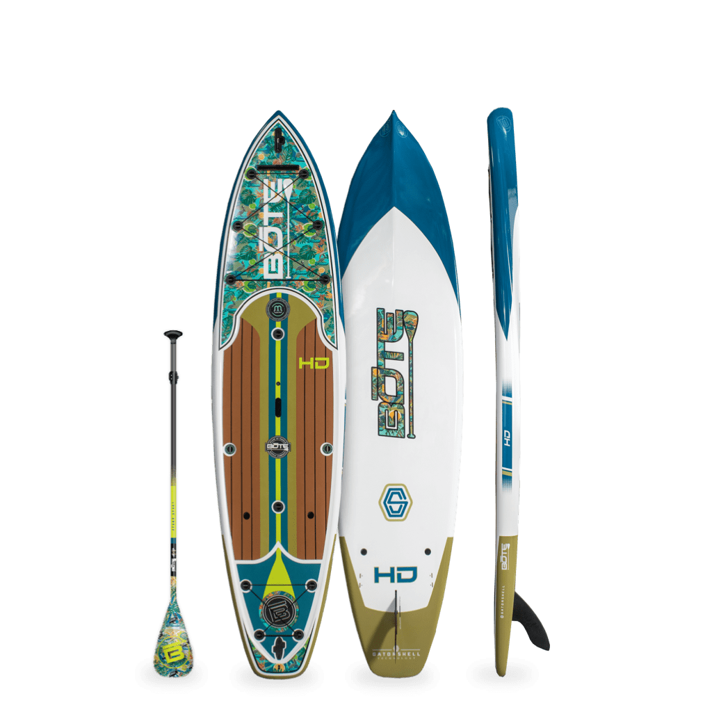 Front, side, and bottom views of HD 10'6" Native Bombardier Paddle Board with paddle.
