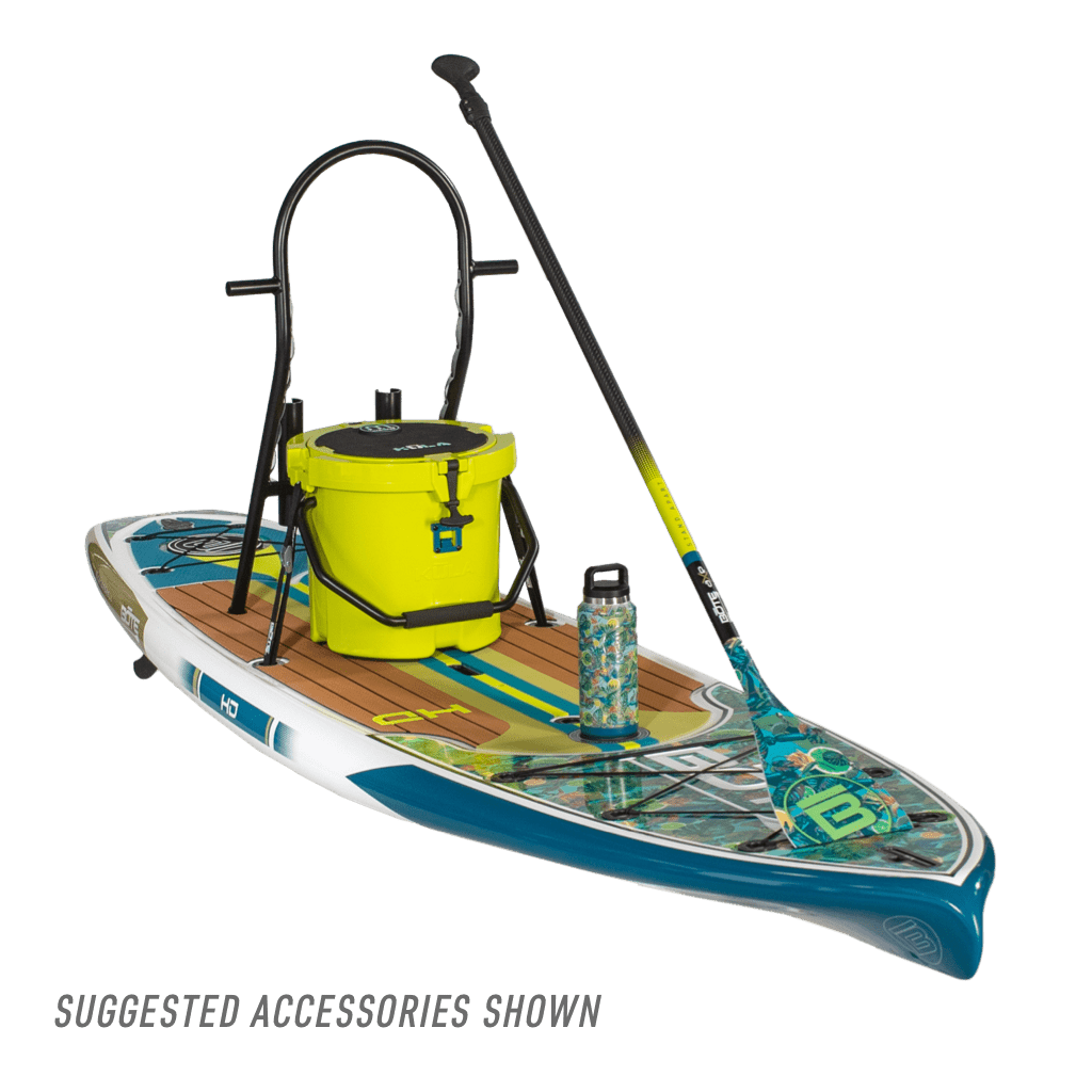 Angled view of HD 10'6" Native Bombardier Paddle Board with paddle, cooler, and bottle.